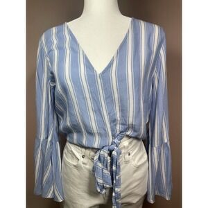 American Eagle Boho Tie Front Crop Top Blue Stripe Bell Sleeve Festival